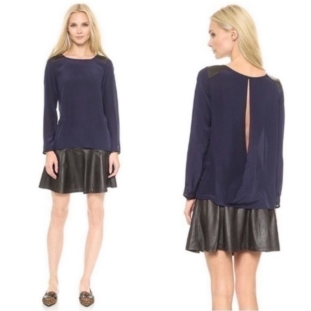 NEW Club Monaco Natalia silk & leather navy black blouse top XS